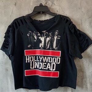Hollywood Undead Band Tee Distressed Crop Top L Black DIY Cut Shredded Grunge